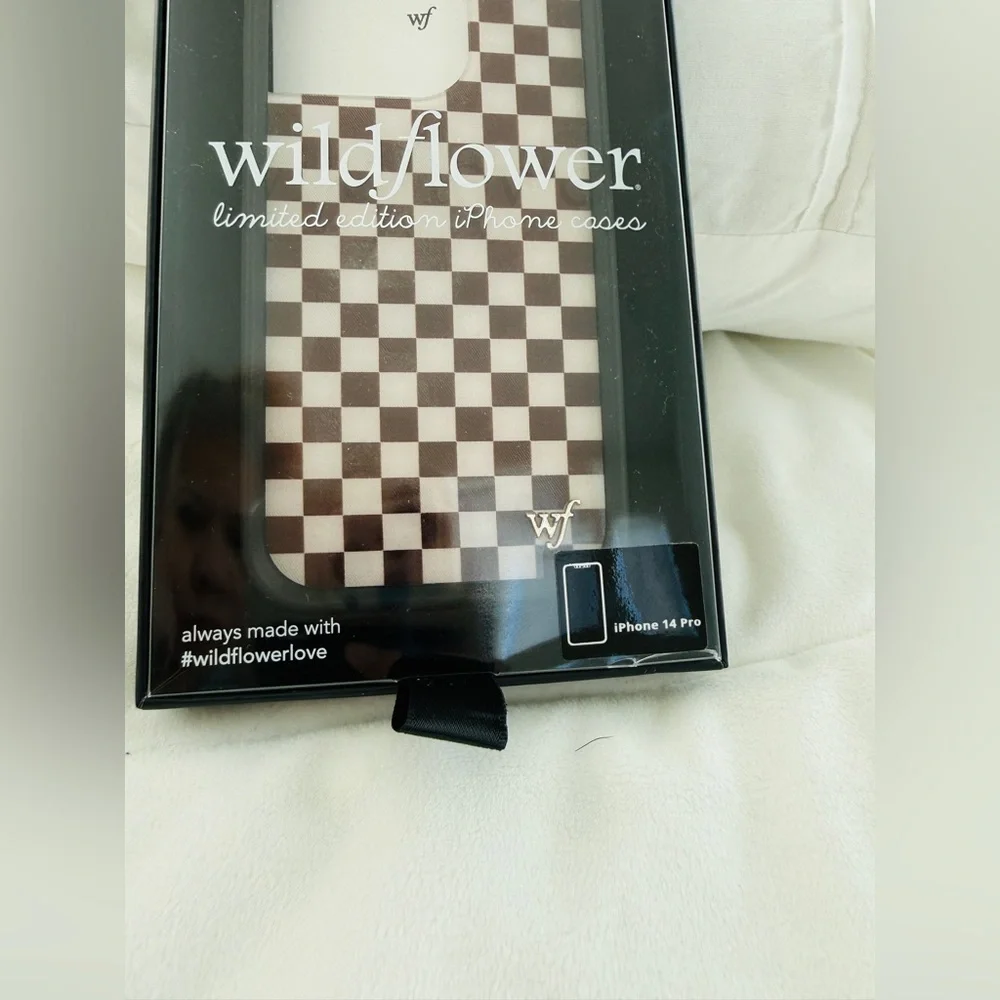 Wildflower iPhone 14 Pro Case Brown Checkerboard Trendy Viral Style Giftable
